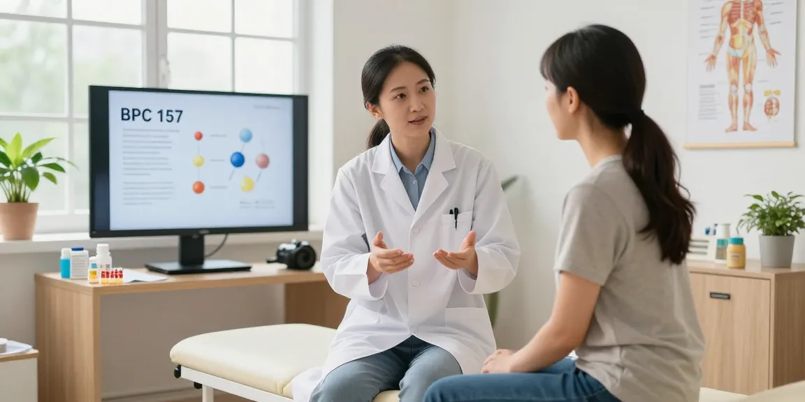 BPC 157 Side Effects discussed in a wellness consultation room with a health professional explaining to a patient.