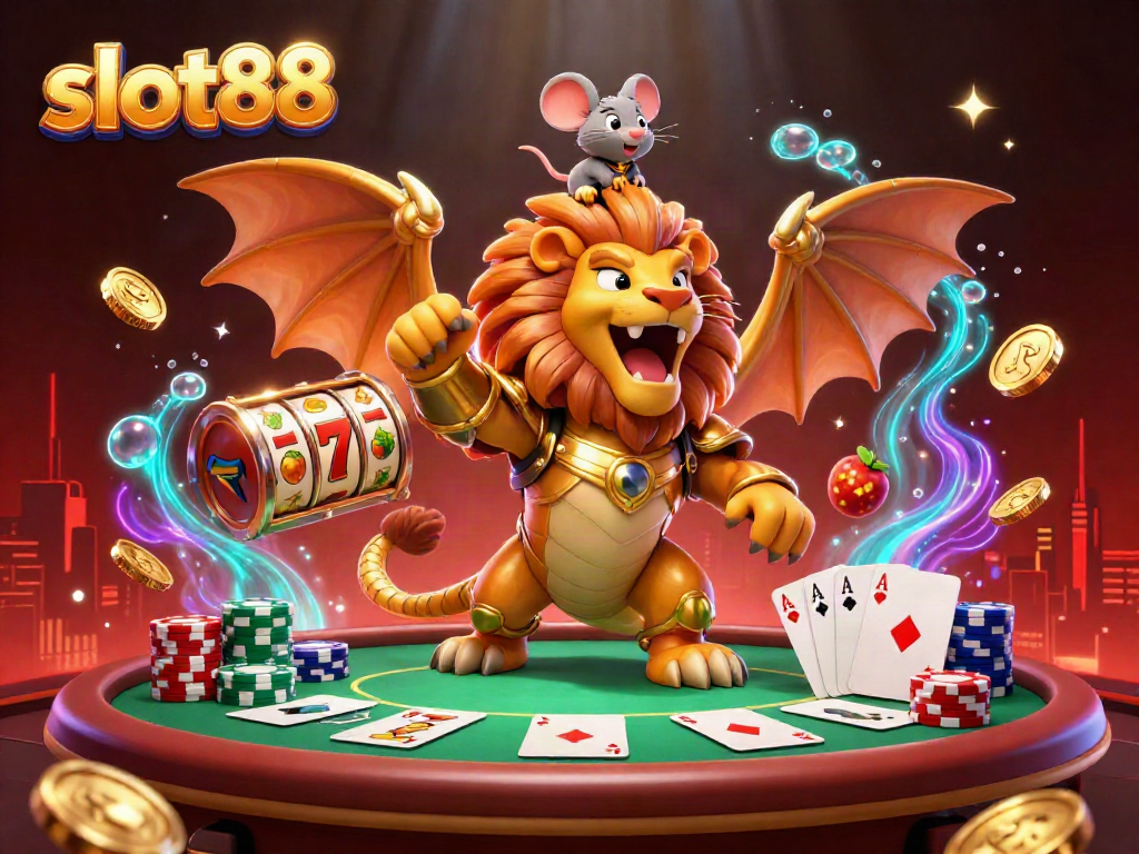 Engage in thrilling slot88 action with roaring chimera, spinning reels, and poker chips.