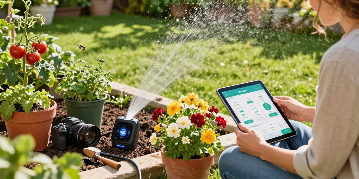 Effortlessly control your garden with RainPoint WiFi water timer, relaxing afternoon setup with vibrant plants and user-friendly app interface.