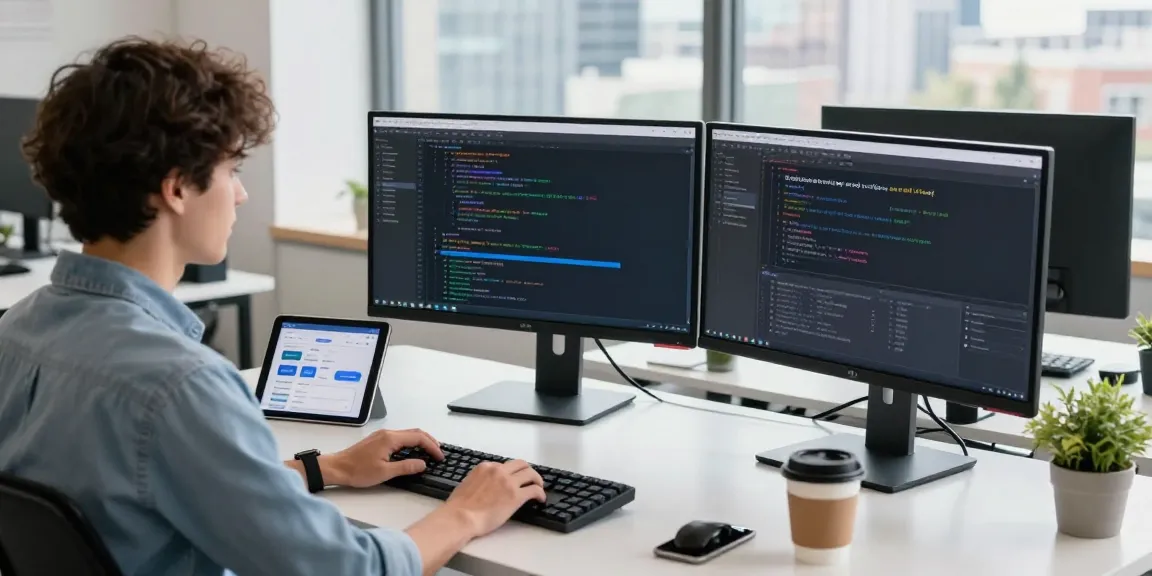 Software developer coding with multiple monitors in a modern workspace while working on the 纸飞机中文版 app.