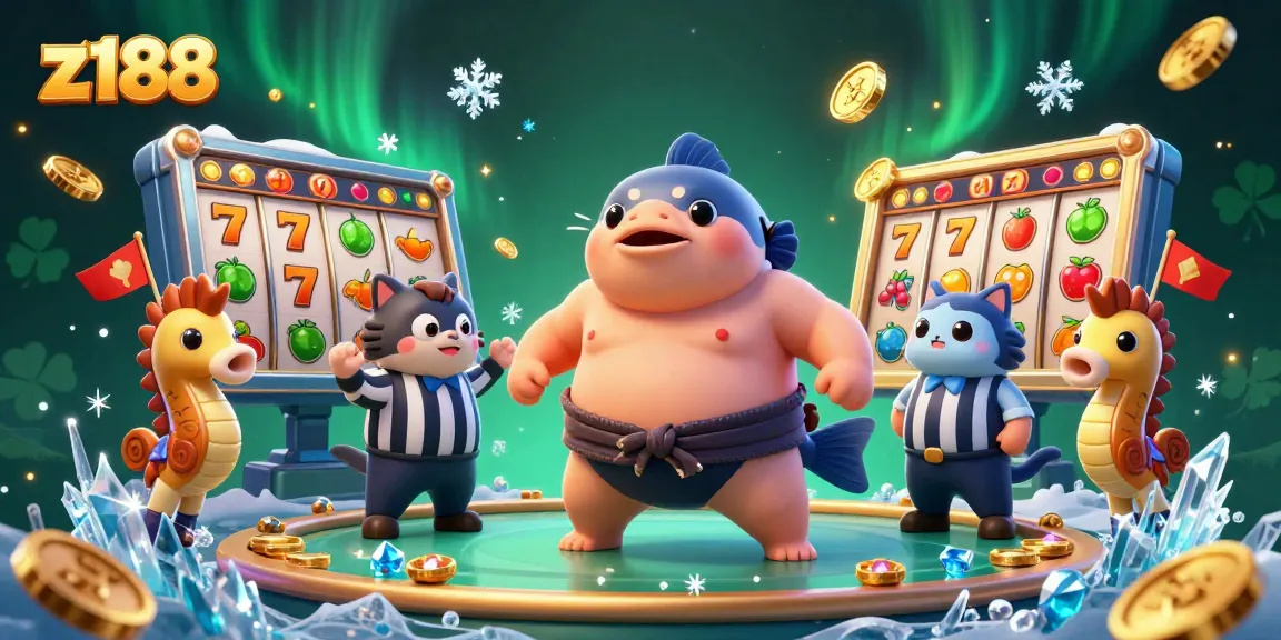 Experience thrilling z188 slot games with a vibrant underwater casino scene featuring a puffed fugu.