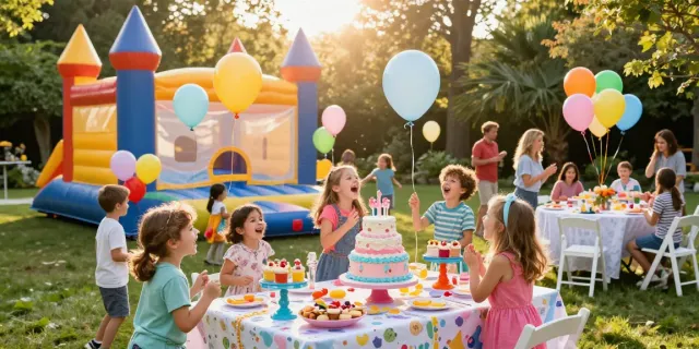 Celebration featuring party packages for kids birthdays with vibrant balloons, a cake table, and children playing.