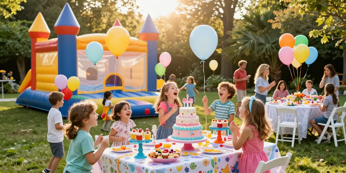 Celebration featuring party packages for kids birthdays with vibrant balloons, a cake table, and children playing.