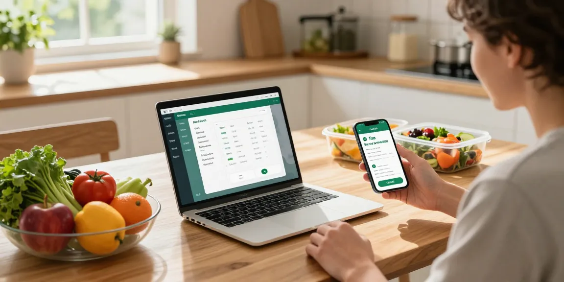 Using the best food tracking apps on a laptop and smartphone in a sunny kitchen.