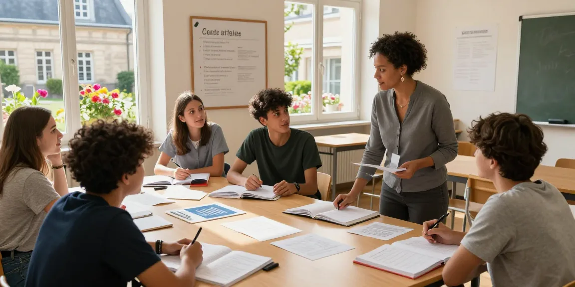 Corsi di francese in Francia con studenti che apprendono in un vivace ambiente di classe.