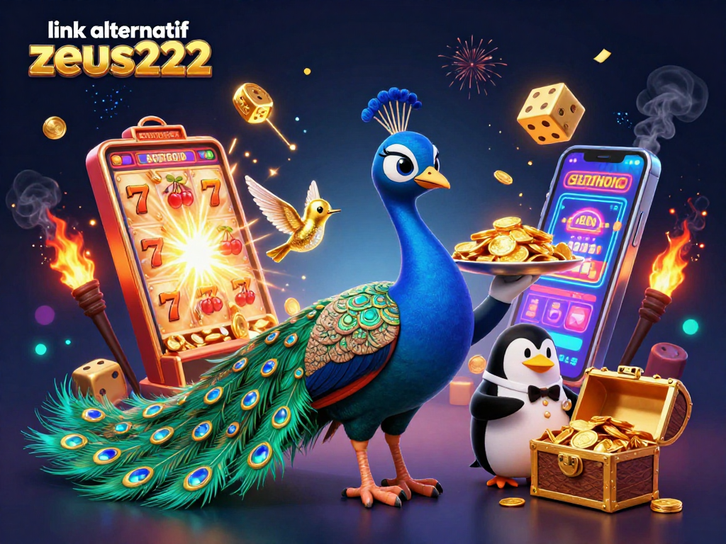Experience link alternatif zeus222 with an exciting casino scene featuring a peacock, penguin, and hummingbird.