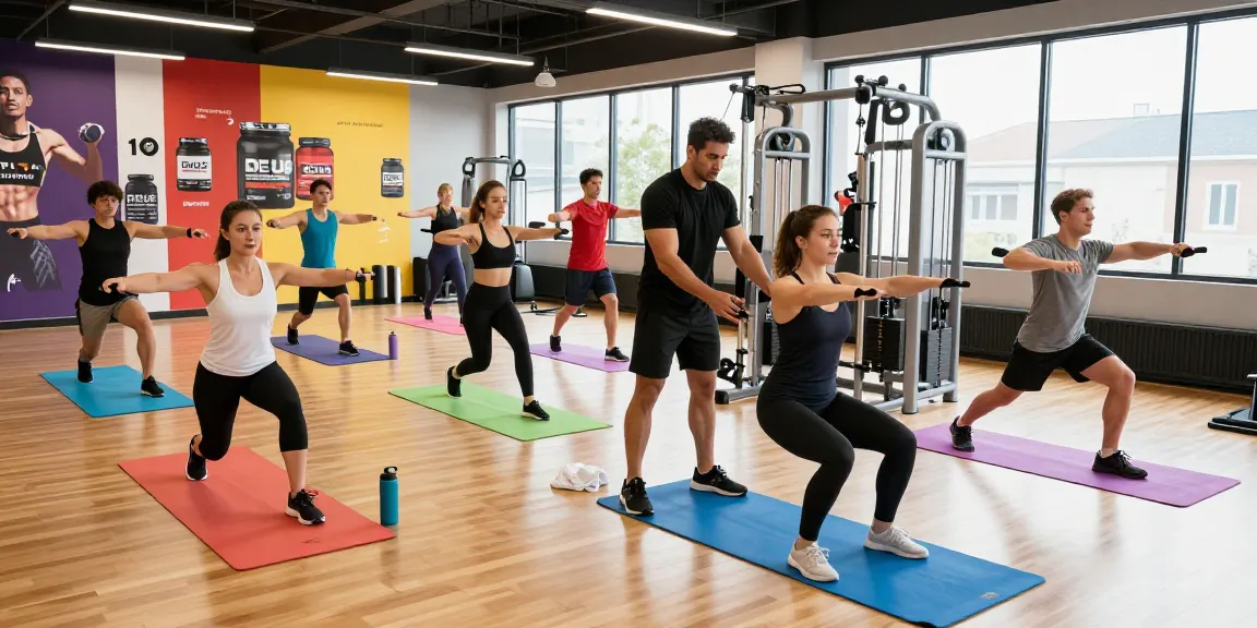 Group fitness training session featuring products from Deus Medical Shop in a dynamic gym environment.