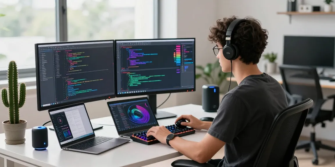 Developer coding in a modern tech workspace with 纸飞机中文版 software on multiple monitors, showcasing productivity tools and a creative environment.