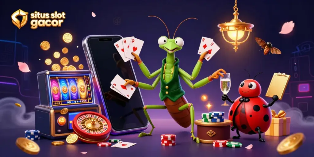 Permainan menarik di situs slot gacor dengan belalang sembah, kupu-kupu, dan elemen kasino.