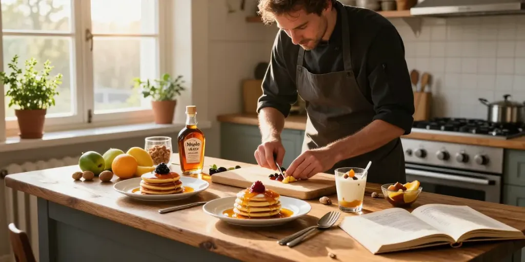 Maplelixir enhancing delicious maple-infused desserts in a cozy kitchen setting.