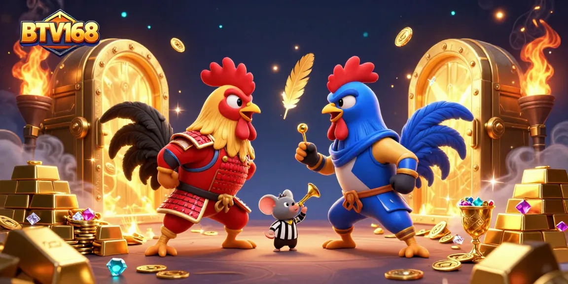 BTV168 showcases an intense cockfight scene with vibrant graphics and dynamic casino elements.