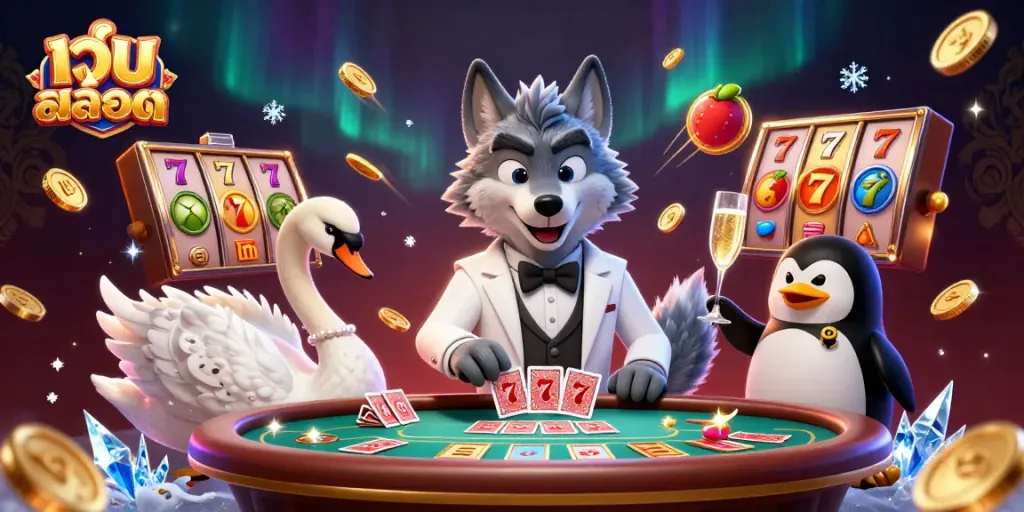 Engage with the vibrant world of เว็บสล็อต featuring a debonair wolf at a baccarat table with dynamic slot elements.