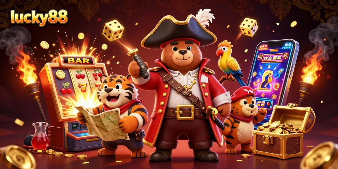 Join the adventure with lucky88 as the pirate captain bear and his crew uncover winning jackpots amidst vibrant casino chaos.
