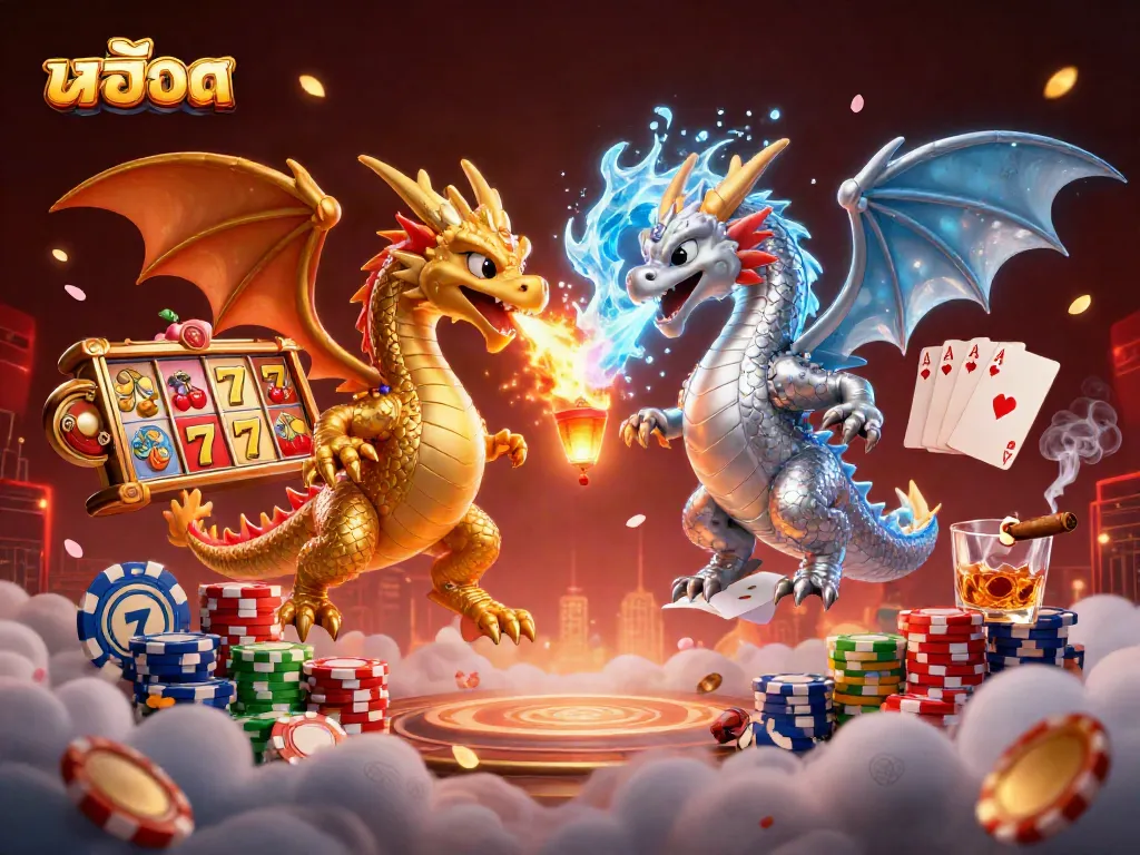 Experience stunning สล็อต action with gold and silver dragons in a vibrant casino-themed scene.