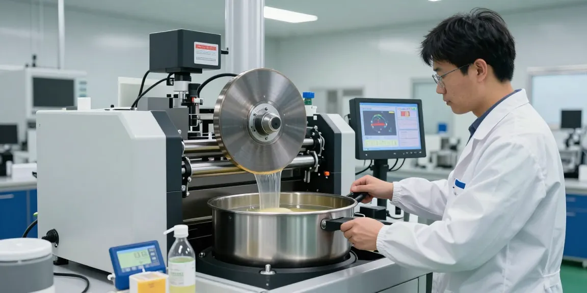 Technician operating a disc separator in a high-tech industrial lab, showcasing precision separation process with advanced machinery.