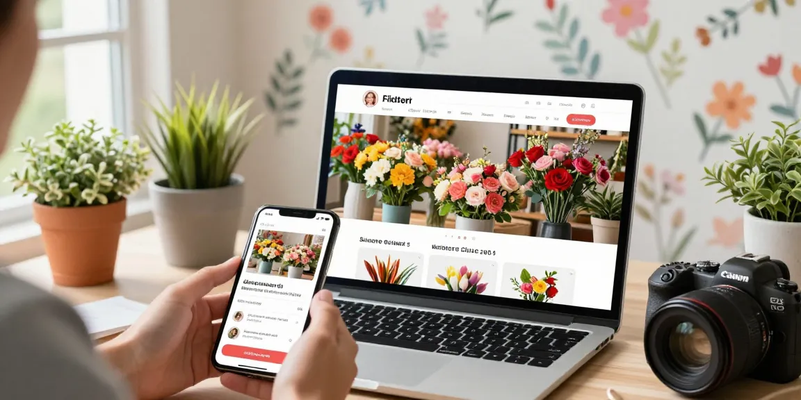 Shopper exploring MODALWD online flower arrangements in vibrant e-commerce setup.