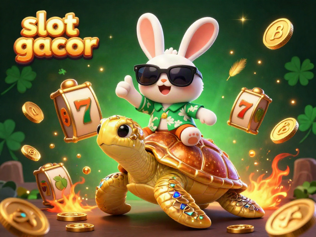 Slot gacor menampilkan kelinci beruntung di atas penyu emas dengan elemen permainan slot yang menggembirakan.