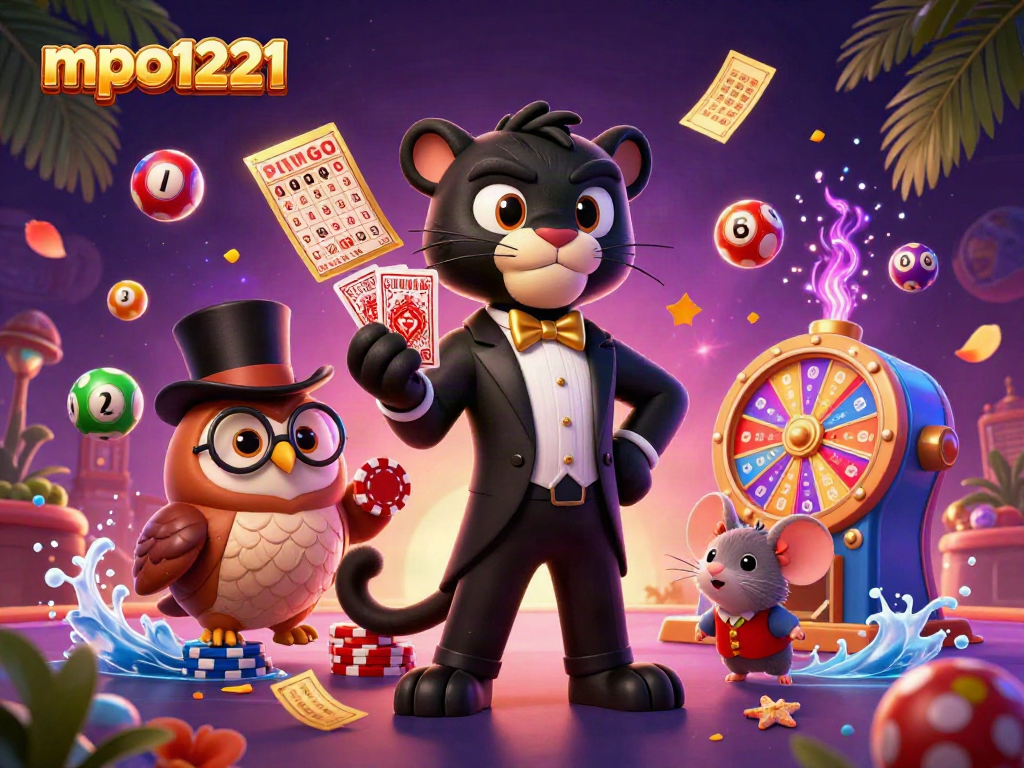 Experience excitement with mpo1221, featuring a stylish panther and animated gambling elements in a dynamic casino scene.