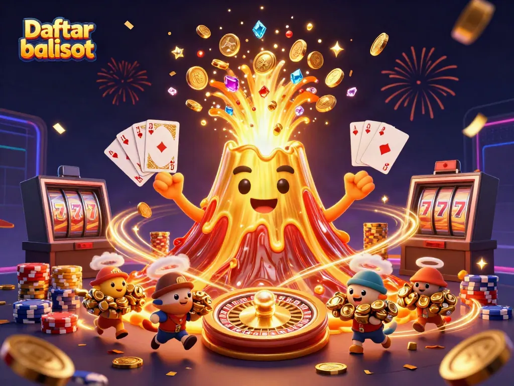 Engage with Daftar balisot through a vibrant 3D volcano scene erupting treasures and festive elements, embodying online gambling excitement.