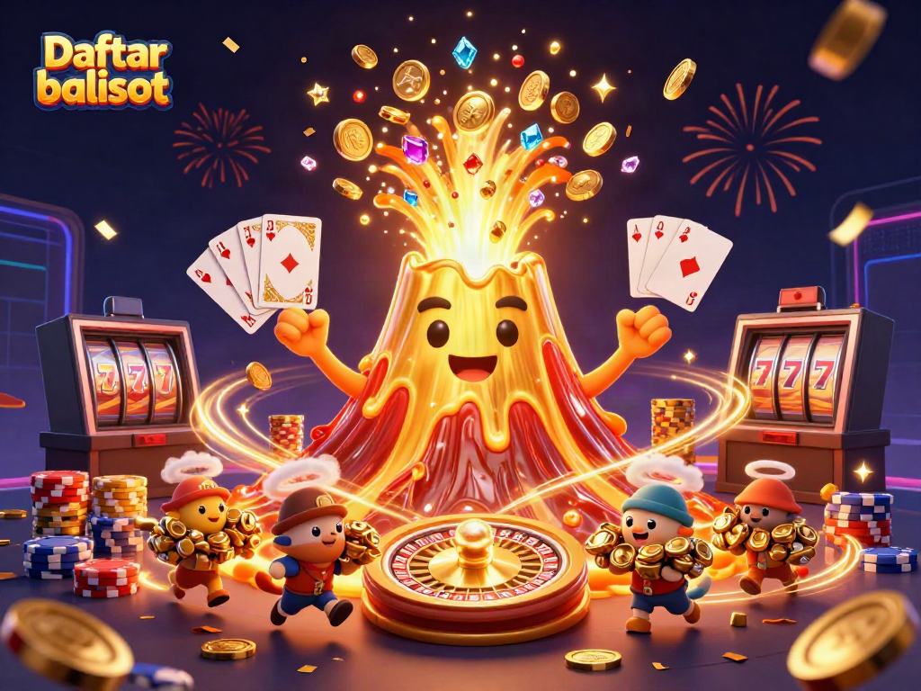 Engage with Daftar balisot through a vibrant 3D volcano scene erupting treasures and festive elements, embodying online gambling excitement.