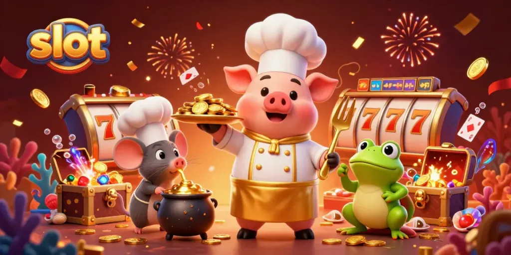 Engage with dynamic slot action as a cartoon chef pig serves gold coins, surrounded by jackpot elements.