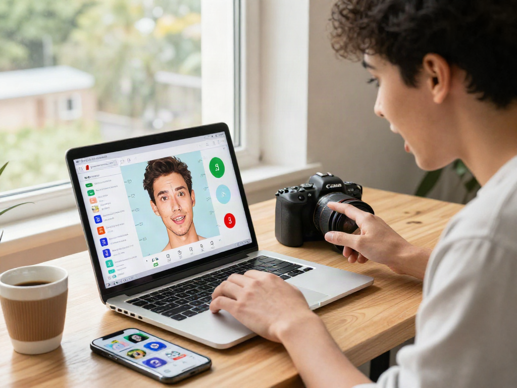 Engaging scene of a young adult using an online tool to find out how old do I look with facial analysis graphics.