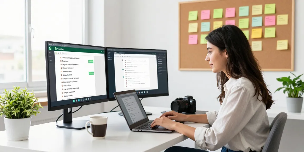 Professional woman using WhatsApp網頁版 in modern office setting, engaged in video call.