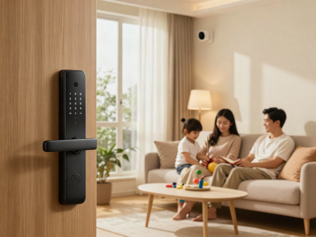 Family at home feeling secure with their خرید قفل هوشمند visible, showcasing modern home safety and comfort.