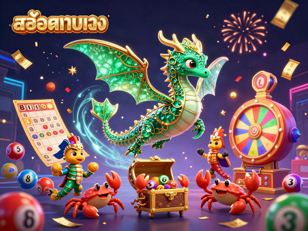 ภาพวาด 3D ของสล็อตเว็บตรง ที่มีมังกรทะเลและการเฉลิมฉลองกับลูกบอลล็อตเตอรี่