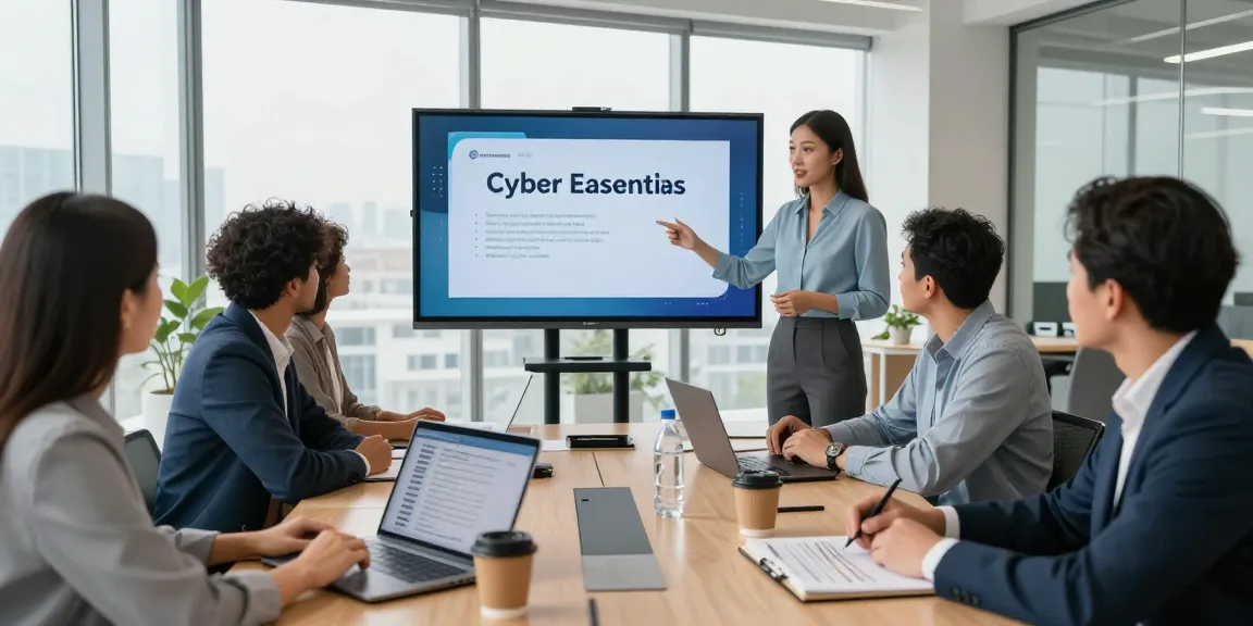 Cyber Essentials certification presentation in a modern business office, demonstrating collaborative cybersecurity strategies.