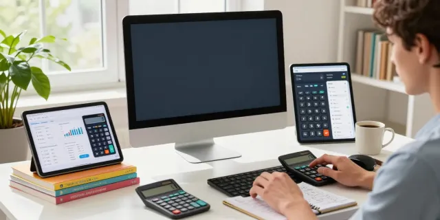 Calculator Online tools in a vibrant home office setup with interactive financial and health calculators.