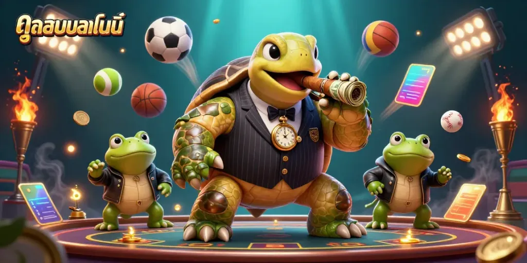 Experience ดูบอลออนไลน์ with a 3D cartoon turtle in a vibrant casino setting surrounded by sports elements.