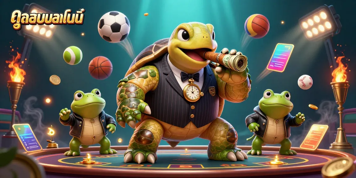 Experience ดูบอลออนไลน์ with a 3D cartoon turtle in a vibrant casino setting surrounded by sports elements.