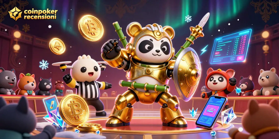Gioca a Coinpoker recensioni con il panda robotico in un'arena circondata da monete Bitcoin ed Ethereum.