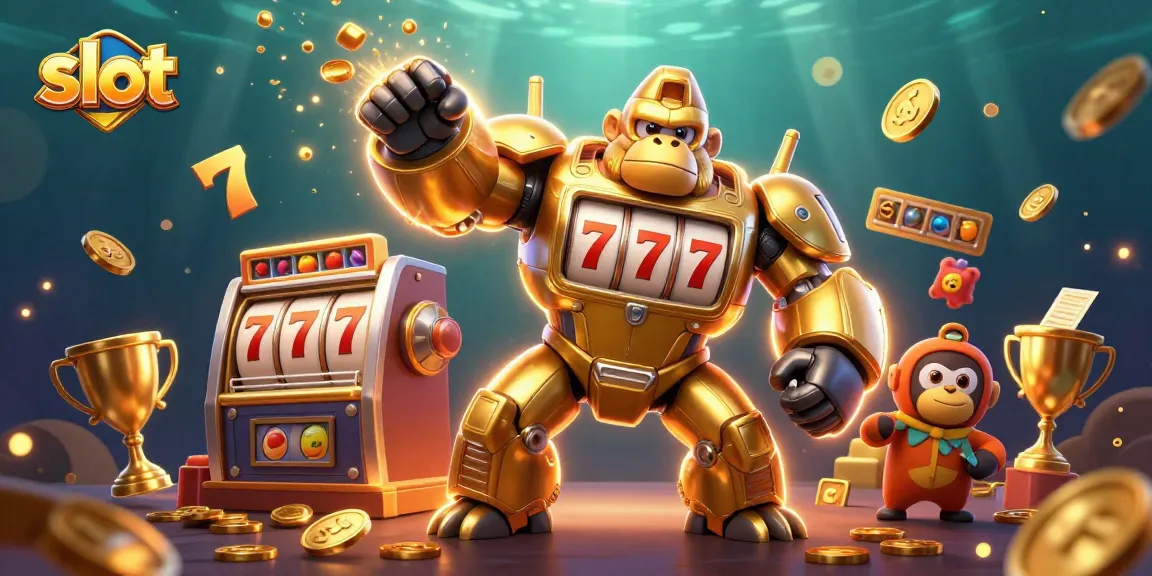 Experience thrilling slot action with a golden gorilla mech surrounded by dynamic game elements.