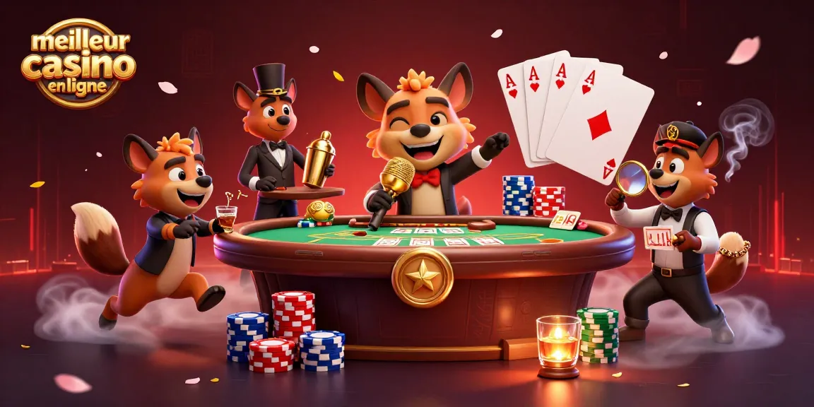 Illustration dynamique de la scène du meilleur casino en ligne avec des hyènes animées, jeux de casino et ambiance festive.