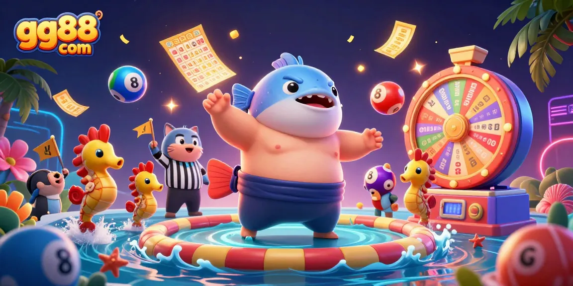 Engage with gg88 com's vibrant online gaming world featuring colorful lottery elements and 3D characters.