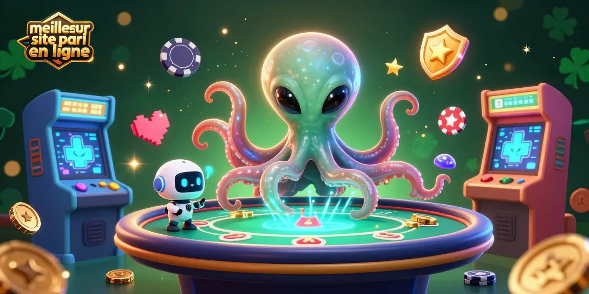 Découvrez le meilleur site pari en ligne avec cette scène animée d'un octopus extraterrestre et son robot, entourés de jeux de casino colorés.