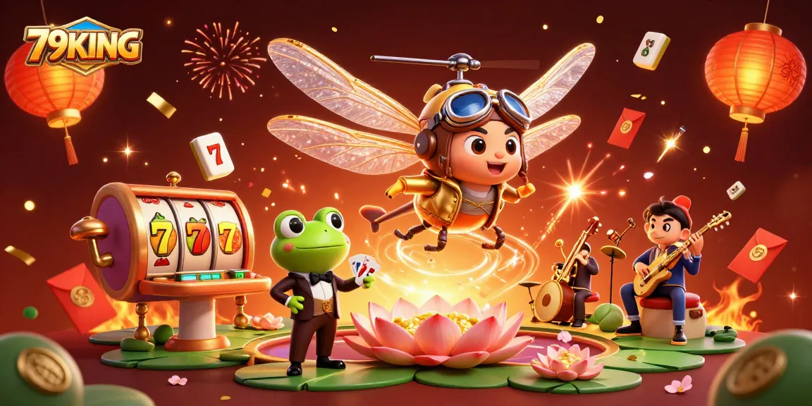 Play slots with 79KING, featuring a vibrant casino scene filled with joyful characters and rich game elements.
