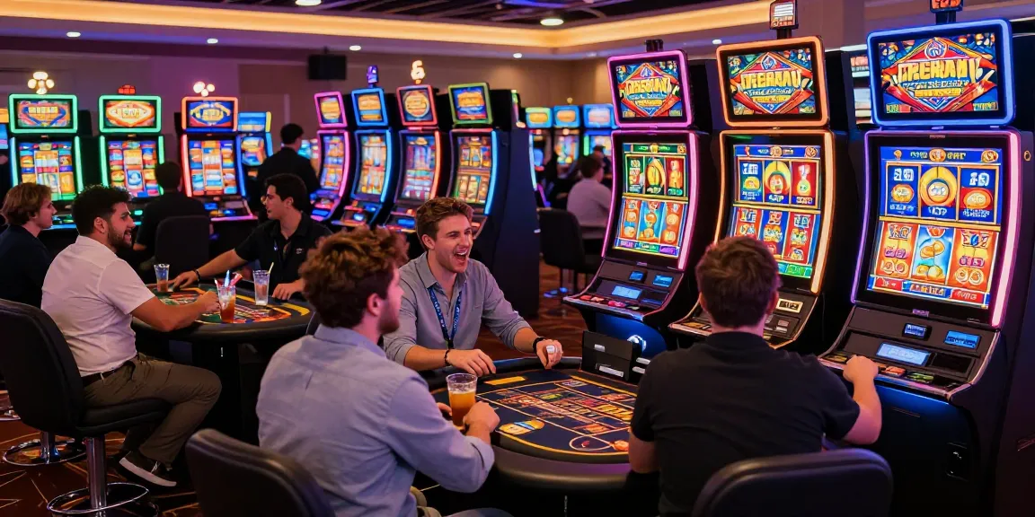 Diverse players enjoying various slot machines in a vibrant casino atmosphere with colorful reels and lively excitement.