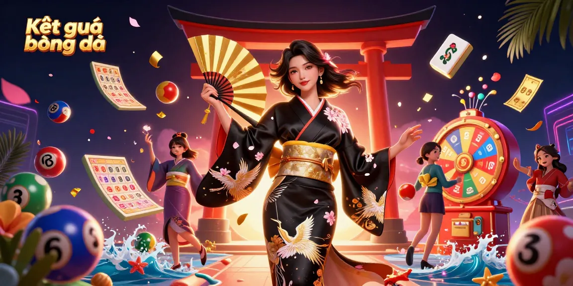 Kết quả bóng đá illustrated with an elegant Asian woman in a black kimono, vibrant lottery elements, and dynamic gaming symbols.