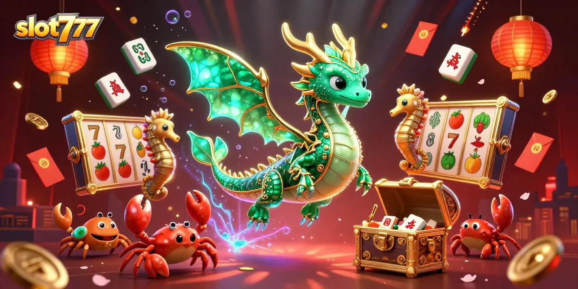 Spin the slot777 reels with a vibrant sea dragon guarding treasures in this exciting casino scene.