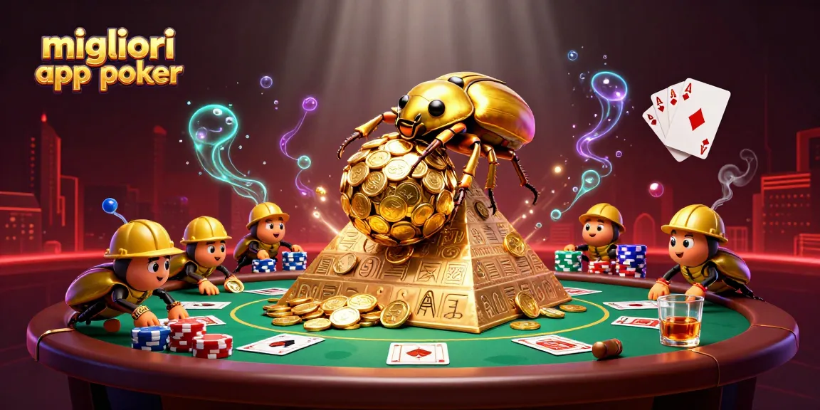 Migliori app poker con una scena animata che mostra un scarabeo d'oro che rotola una palla di monete d'oro su una piramide.