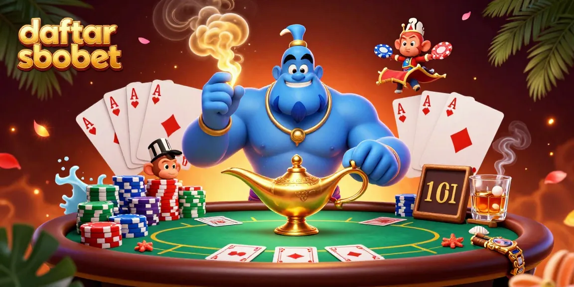 Engage in daftar sbobet with lively casino elements and cartoon characters, representing online gambling fun.