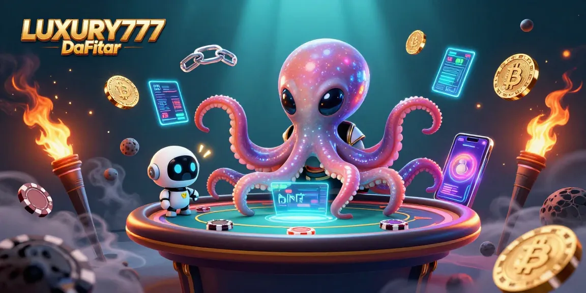 Melihat LUXURY777 Daftar dalam ilustrasi kasino yang menampilkan perpaduan alien dan poker.