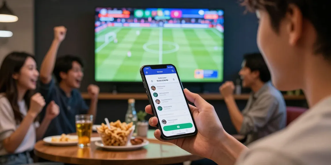 Excited bettor using Link Alternatif Bola88 app on smartphone amid vibrant sports action.