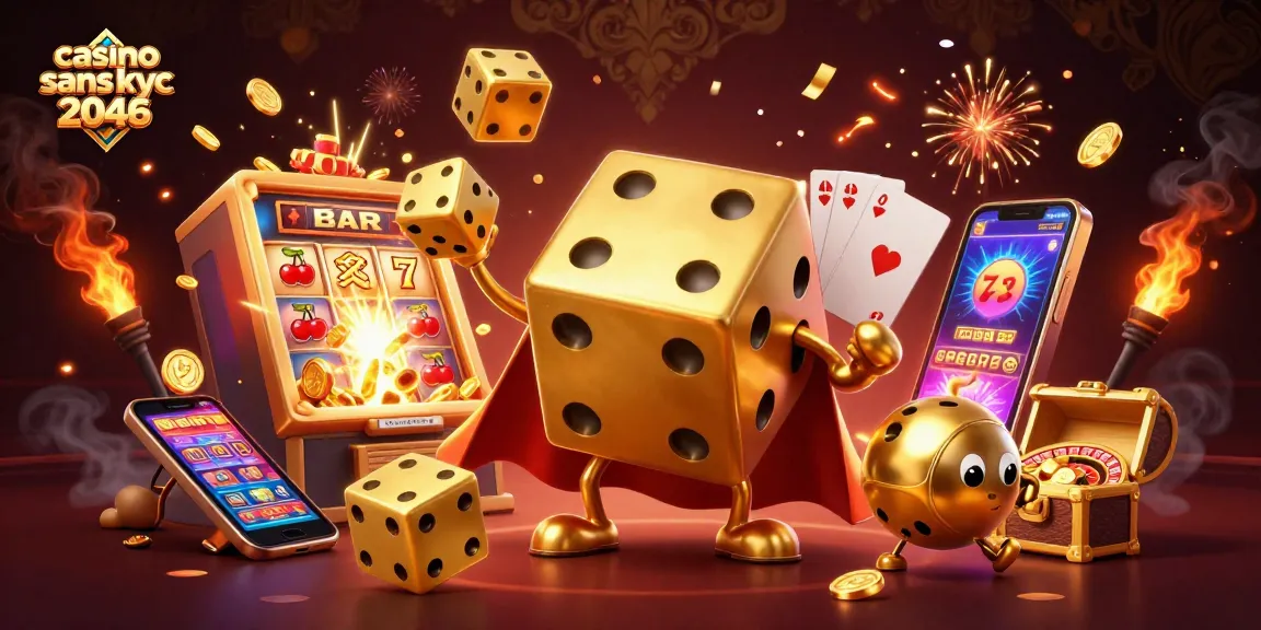 Casino sans KYC 2046 : Jouez avec des dés d'or géants dans une scène animée.
