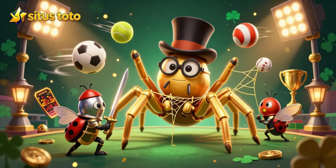 Situs toto brings excitement with a cartoon scene of gambling characters and dynamic game elements amidst thrilling gold.