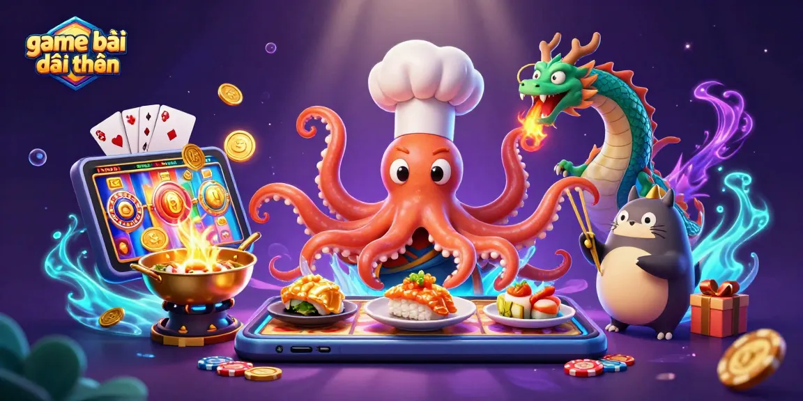 Engage in game bài đổi thưởng with a dynamic 3D illustration featuring a sushi chef octopus, a dragon, and a tanuki in a vibrant casino scene.