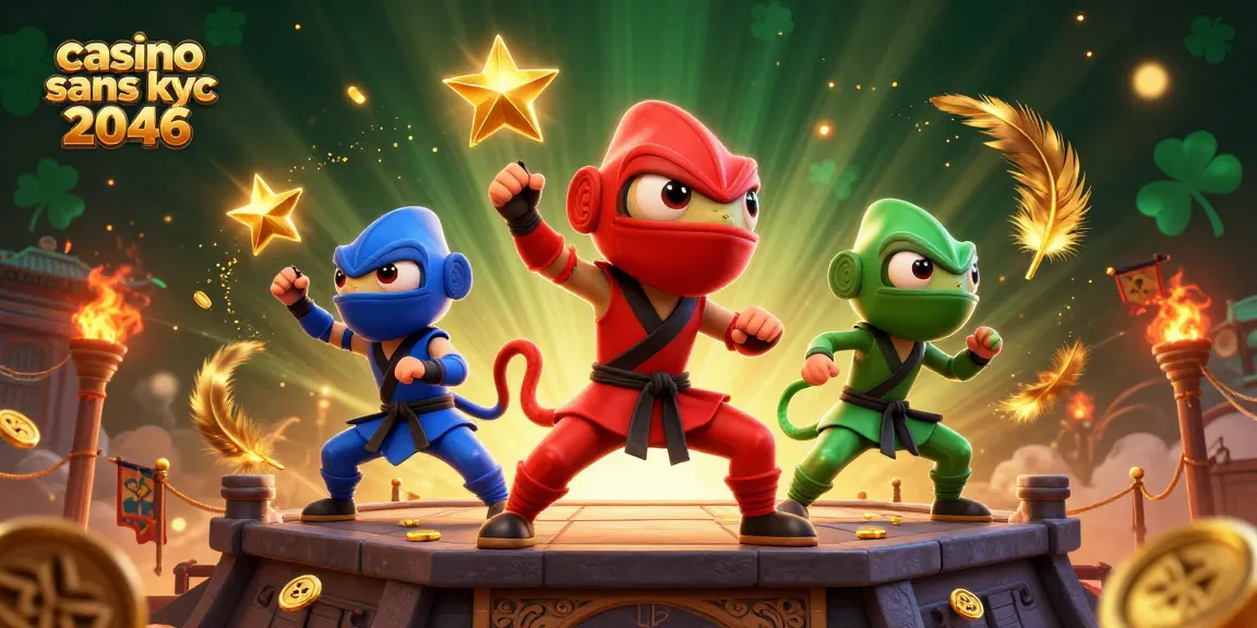 Jouer dans le casino sans kyc 2046 avec des ninjas colorés exécutant des mouvements de combat.